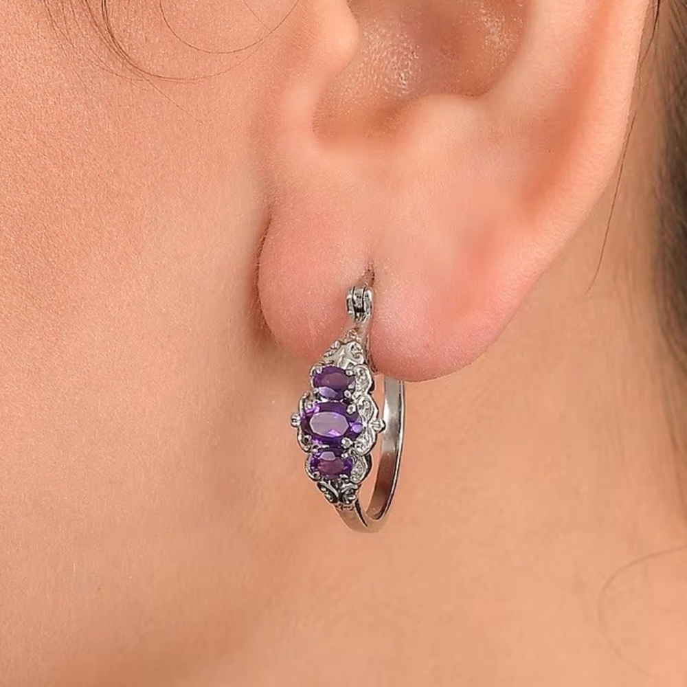 NWT African Amethyst 1.60 ctw Hoop
Earrings in Hypoallergenic Stainless Steel - Picture 5 of 8